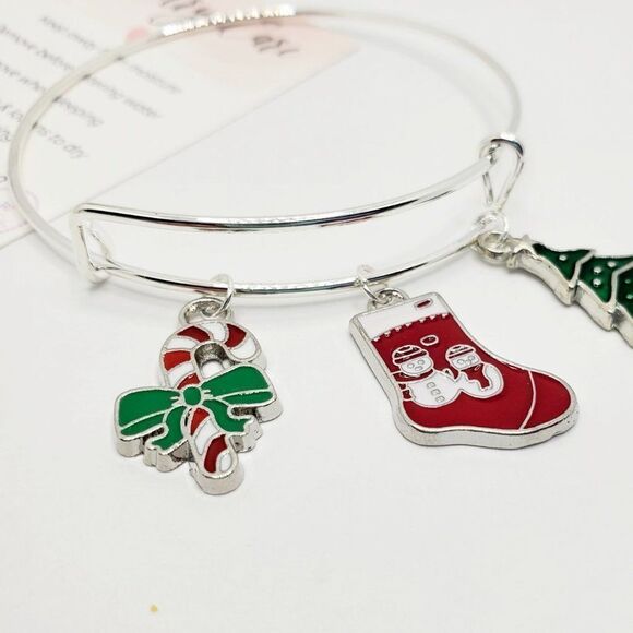 Silver Christmas Charm Bracelet, Candy Cane, Stocking, and Tree Charms - Picture 5 of 11